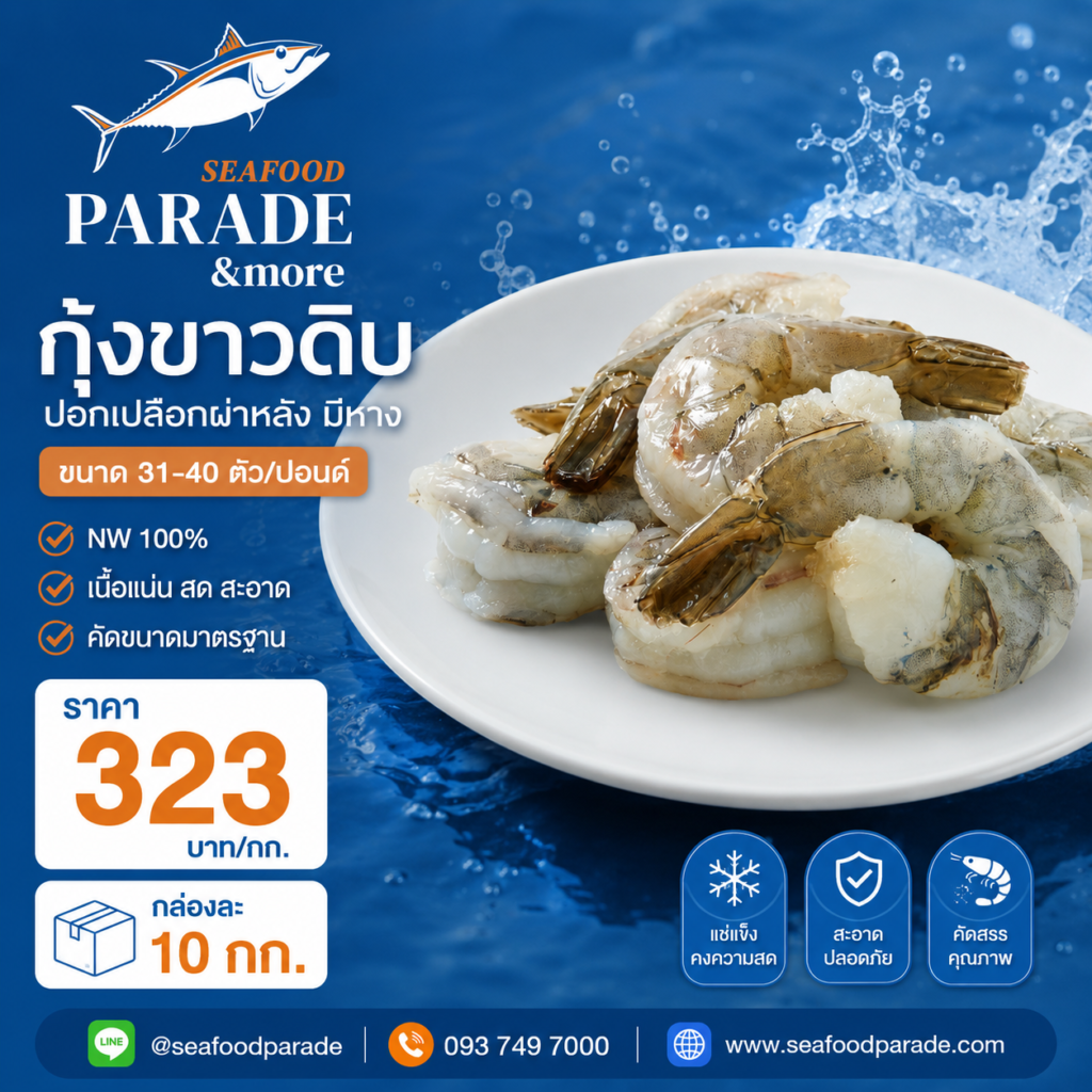กุ้งขาวดิบปอกเปลือกผ่าหลังมีหาง 31–40 ตัวต่อปอนด์ Seafood Parade กุ้งแช่แข็งคุณภาพ NW 100%